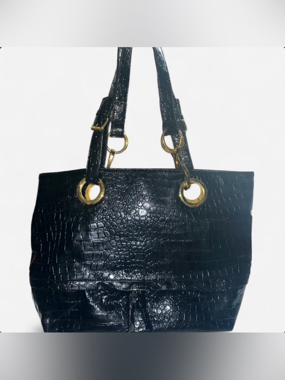 Braciano Black Croc-Embossed Tote with Gold Rings